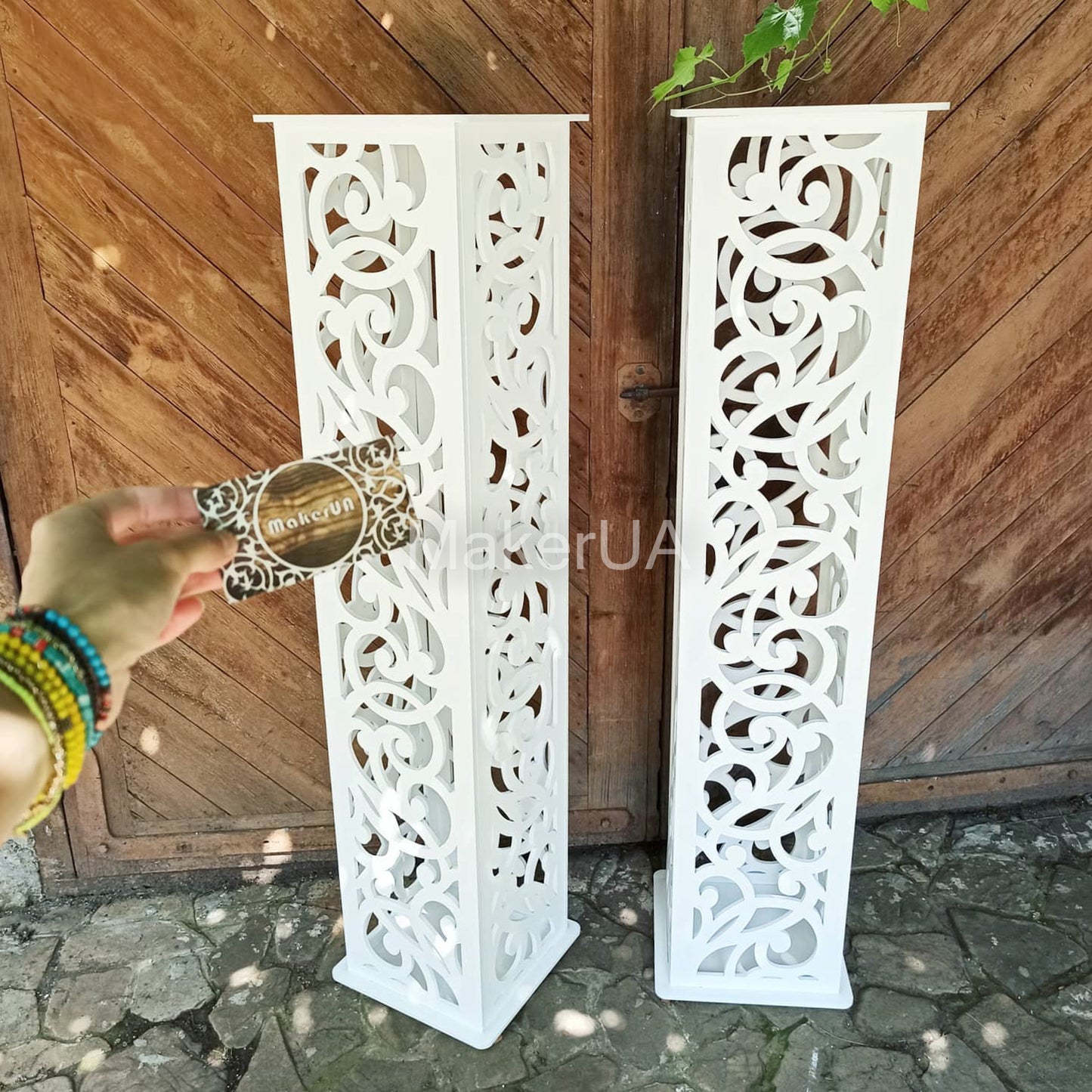 Column pedestal pillar plinth stand table display cylinder cake flower lace wedding birthday baby shower event party prop shop photo booth themed white rustic boho style decor decorations - MakerUA