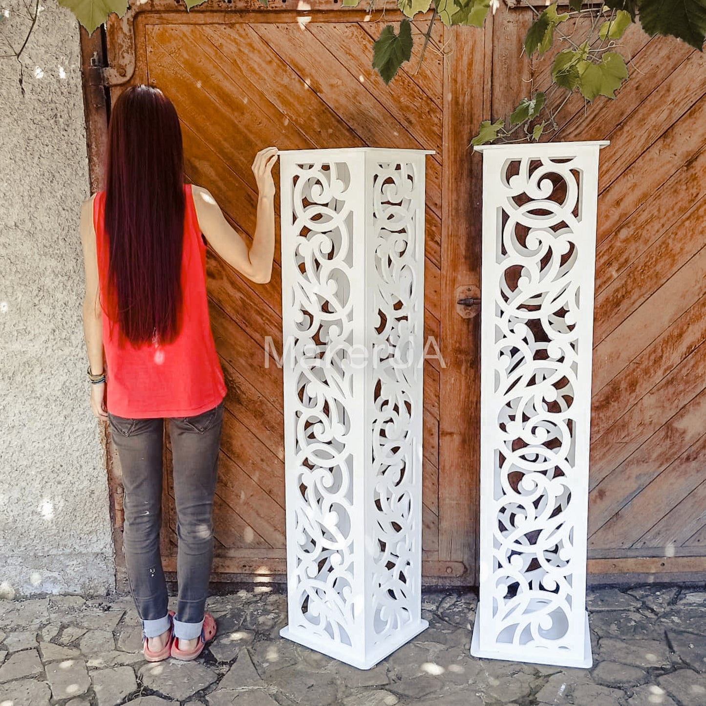 Column pedestal pillar plinth stand table display cylinder cake flower lace wedding birthday baby shower event party prop shop photo booth themed white rustic boho style decor decorations - MakerUA