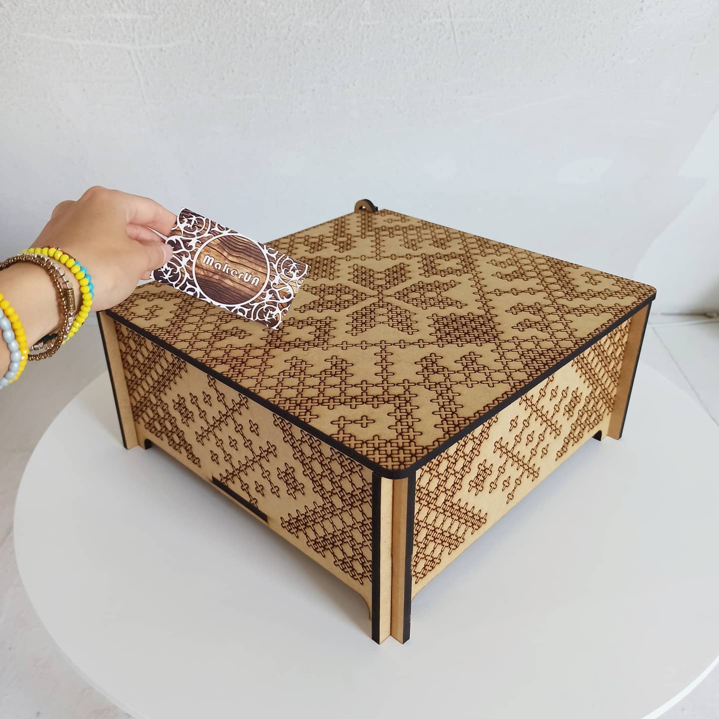 Box with laser engraving for thread needlework tools embroidery cross stitch style wood wooden mdf decor square round rustic eco decorations - MakerUA