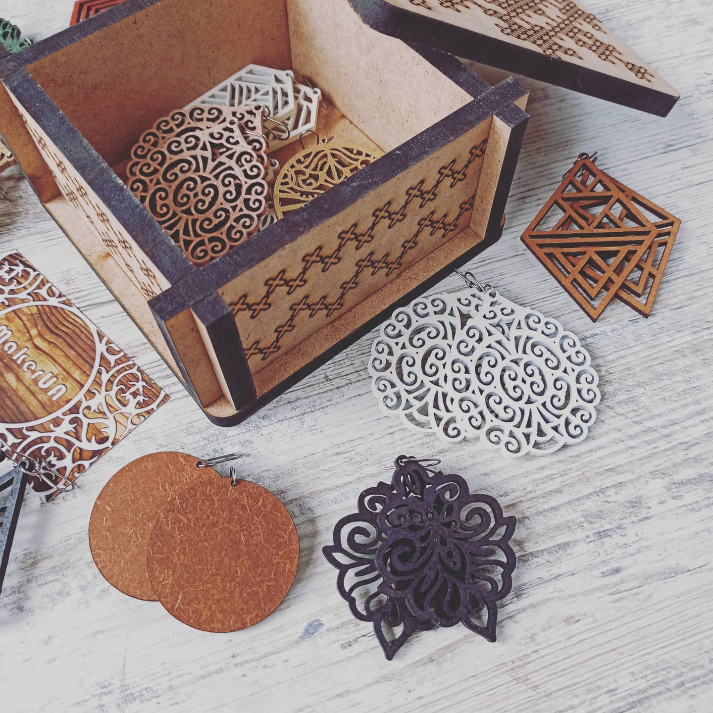 Box with laser engraving embroidery cross stitch style wood wooden mdf decor square round rustic eco decorations - MakerUA