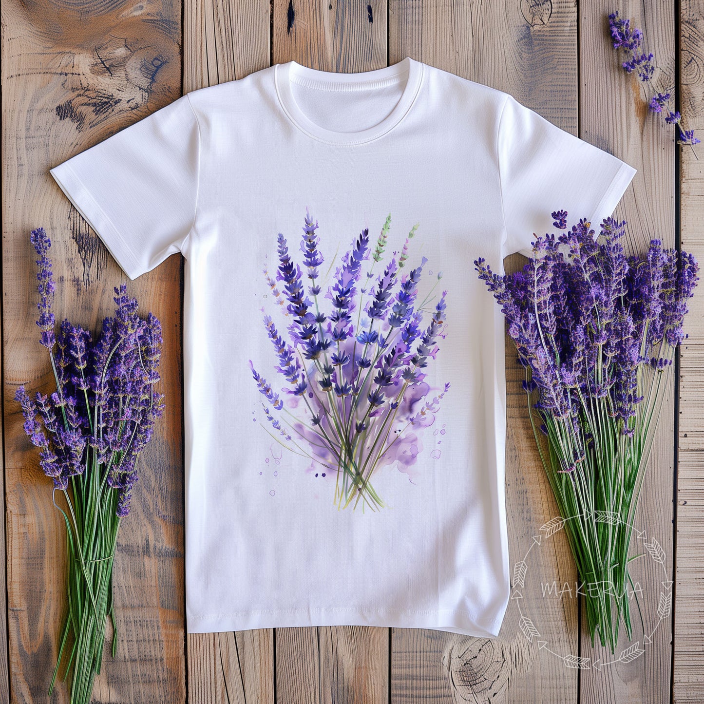 White t-shirt with lavender bouquet flowers field floral nature garden farm wildflowers print - MakerUA