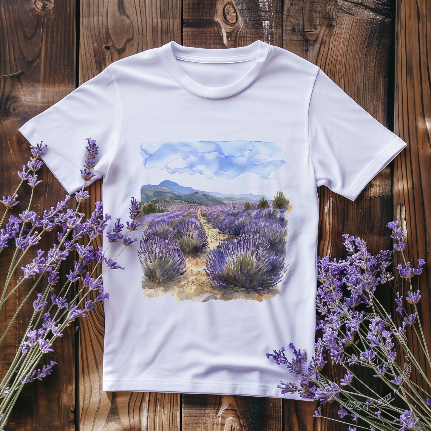 White t-shirt with lavender landscape flowers field floral nature garden farm wildflowers print - MakerUA