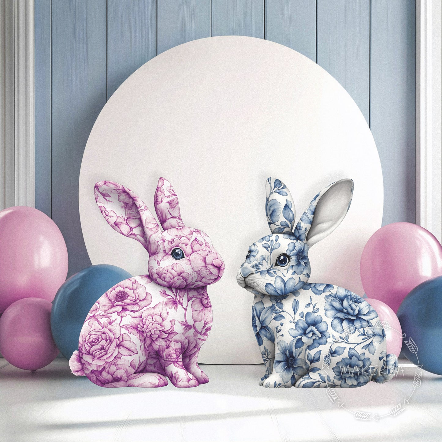 Blue Floral Bunny Rabbit Printed Decor for Birthday Easter Wedding Baby Shower Cutouts Party Props Arch Backdrop Decorations