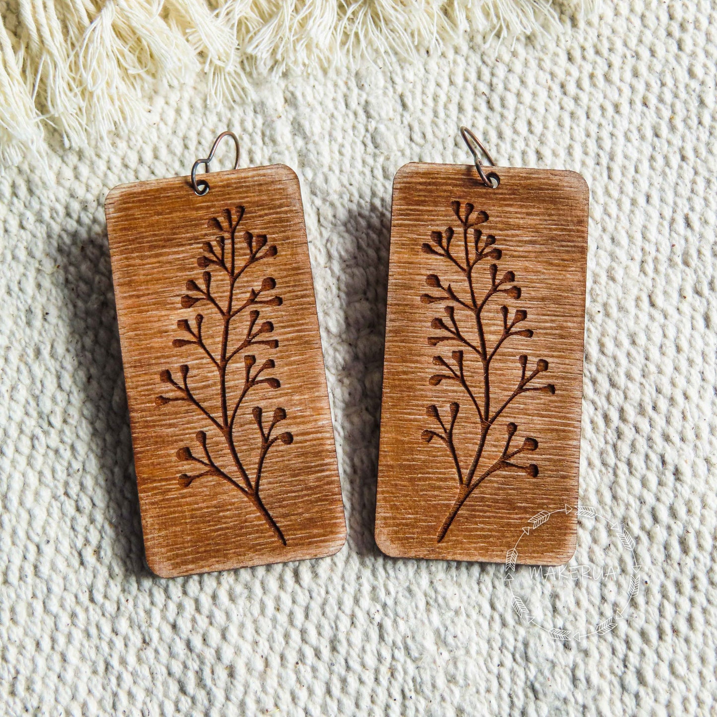 Wooden Earrings nature plant garden handcrafted summer lightweight shape engraved plywood wood boho style burned jewelry - MakerUA