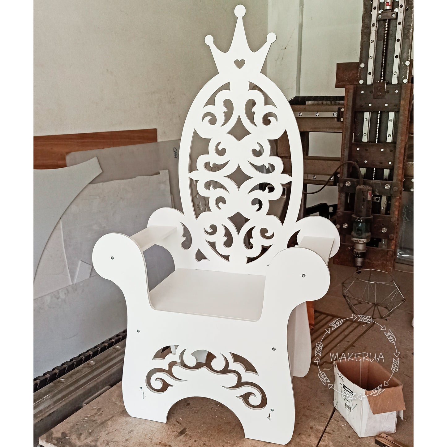 Wooden Throne Chair 09 birthday party decoration girl boy baby shower wood event party prop shop photo booth arch white pink laser cut style - MakerUA