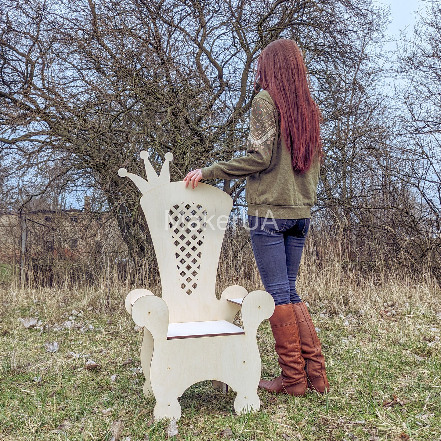 Wooden Throne Chair 04 birthday party decoration princess girl boy baby shower wood event party prop shop photo booth crown white pink blue - MakerUA