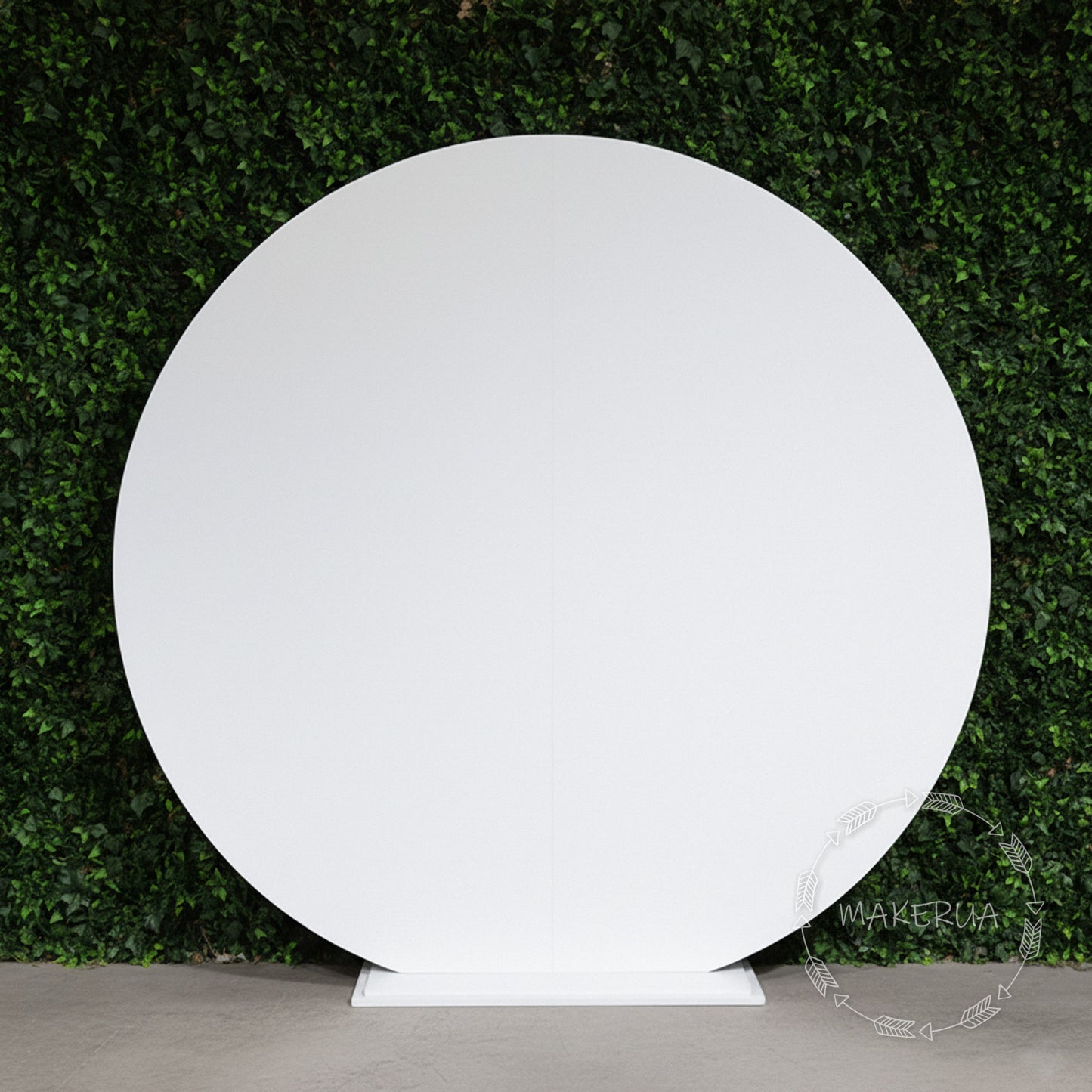 White circular object on a stand against a green leafy background