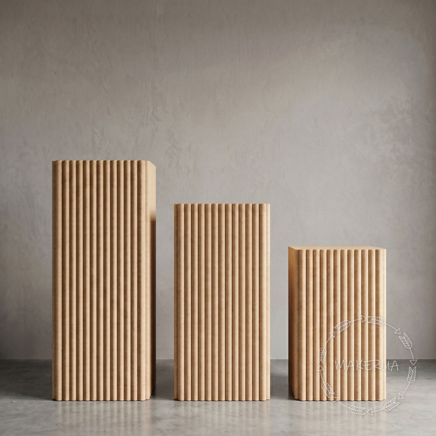 Three square ripple plinth wooden textured columns against a gray background for birthday party props shop event photo booth wedding table stand expositor custom made