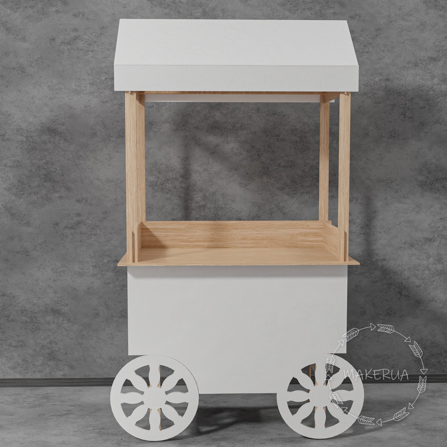 White Wooden Cart stand display wedding birthday product display stand food catering event festival christmas market wheels bar party decor