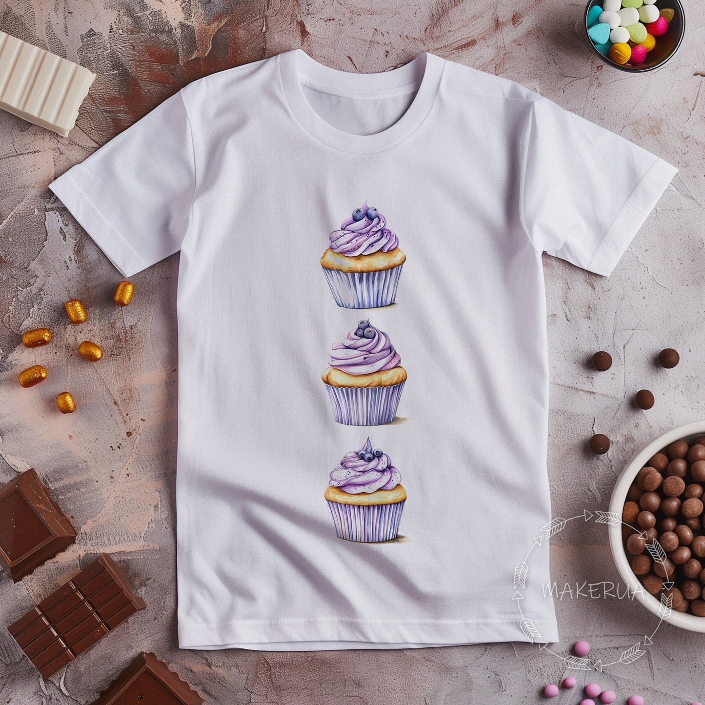 White t-shirt with sweet cake cupcake ice cream chocolate candy bar cotton gift birthday party print - MakerUA