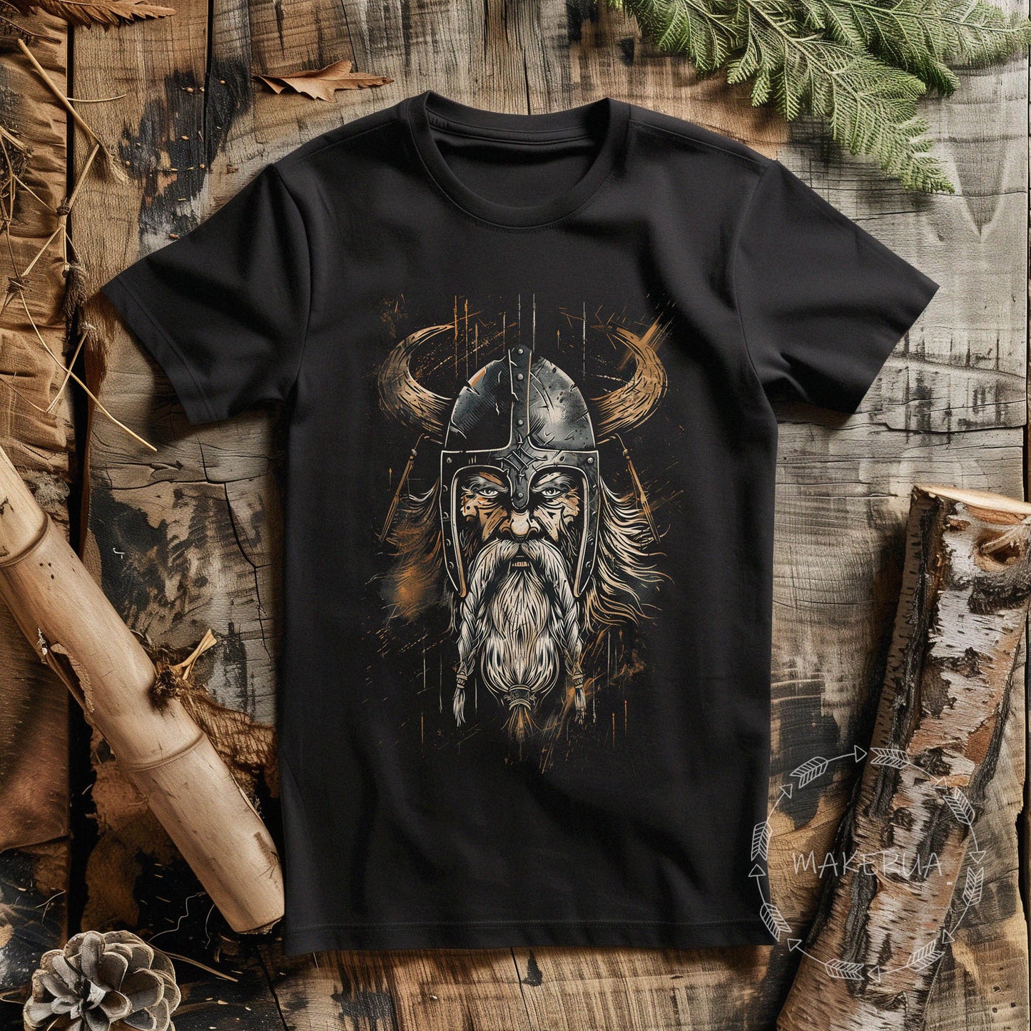 Black t-shirt with viking vintage mythology symbols spiritual warrior runes norse celtic head print - MakerUA