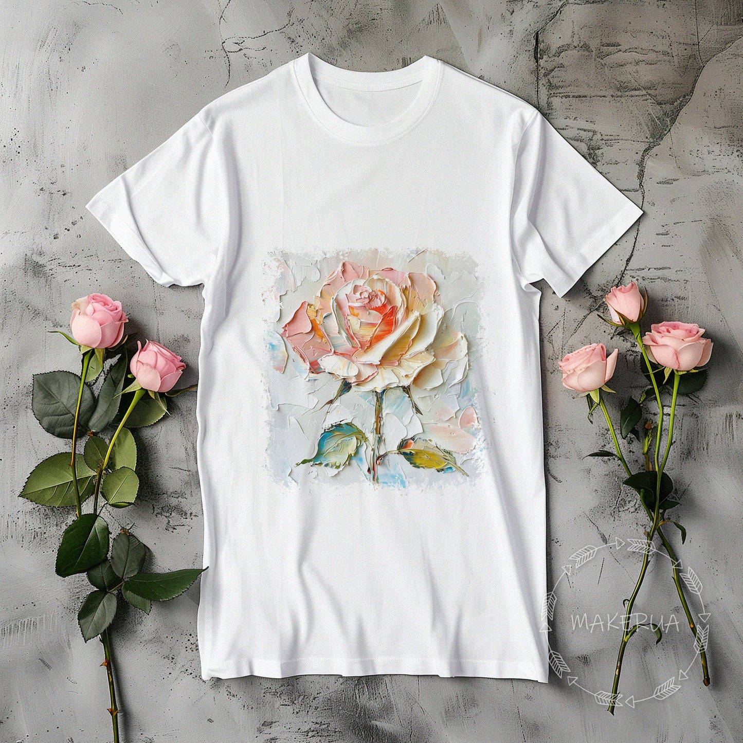 White t-shirt with rose flower floral nature garden farm red white climbing pastel print - MakerUA