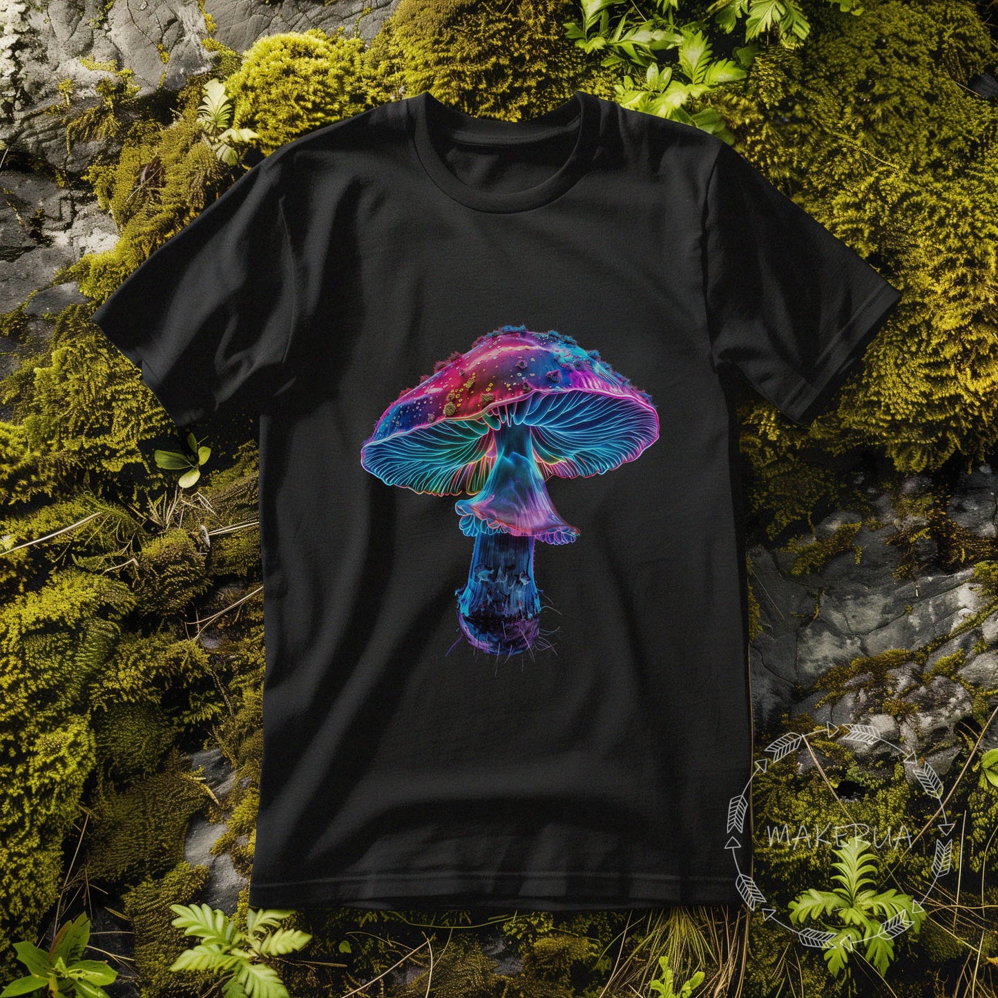 Black t-shirt with mushroom fungi psychedelic hippie nature neon trippy vintage print - MakerUA
