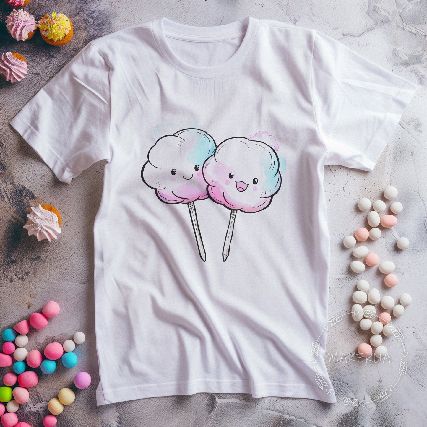 White t-shirt with sweet cake cupcake ice cream chocolate candy bar cotton birthday party print - MakerUA