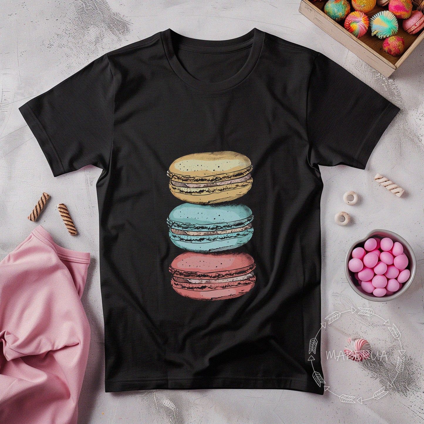 Black t-shirt with sweet cake cupcake ice cream chocolate candy bar cotton birthday print - MakerUA