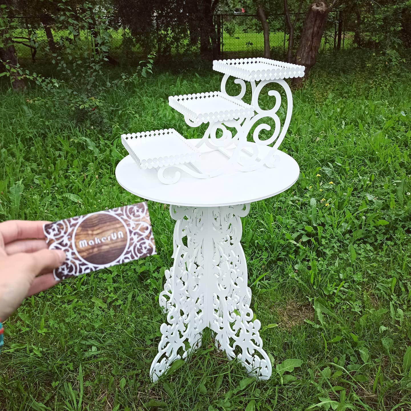 Table cake decorations accent plywood wooden wood white plant flower sweet cake stand pedestal baby shower birthday wedding event party prop shop photo booth balloon arch victorian style decor - MakerUA