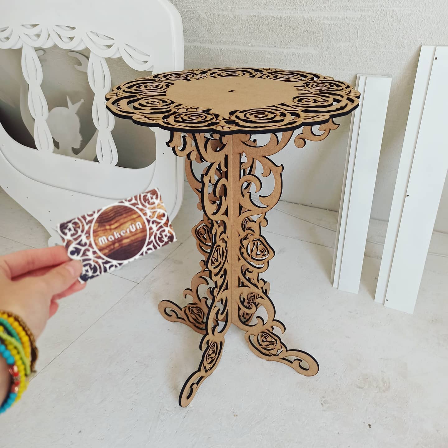 Table Roses decorations accent plywood wooden wood white plant flower sweet cake stand pedestal baby shower birthday wedding event party prop shop photo booth balloon arch style decor - MakerUA