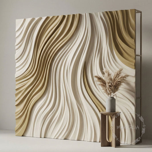 Textured 3D backdrop with organic wave patterns in sand and cream colors, 2026 event trend.