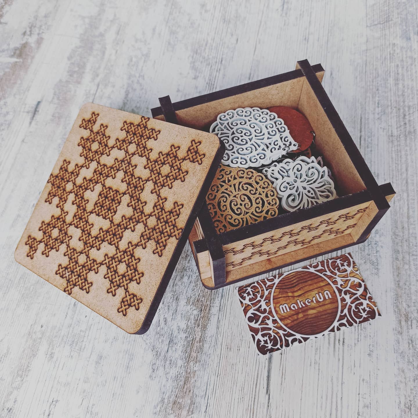 Box with laser engraving embroidery cross stitch style wood wooden mdf decor square round rustic eco decorations