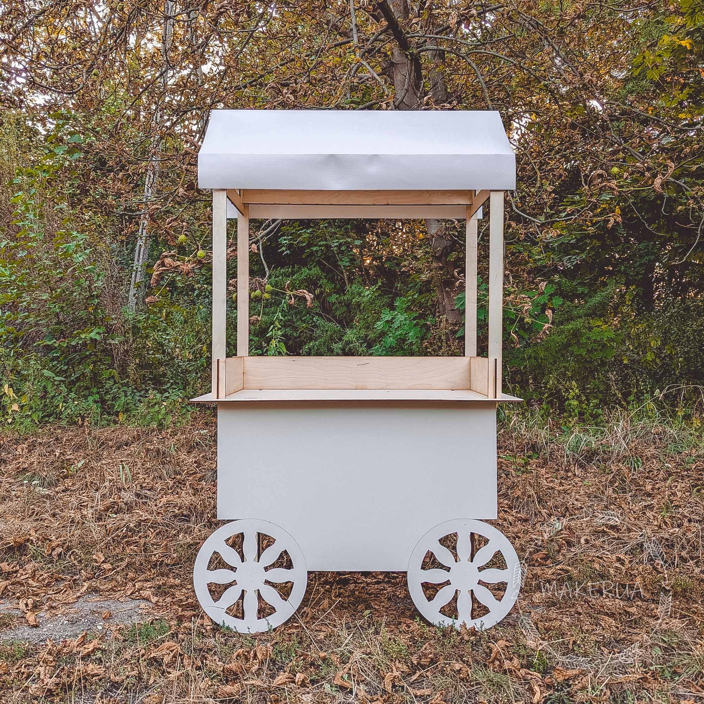 White Wooden Cart stand display wedding birthday product display stand food catering event festival christmas market wheels bar party decor