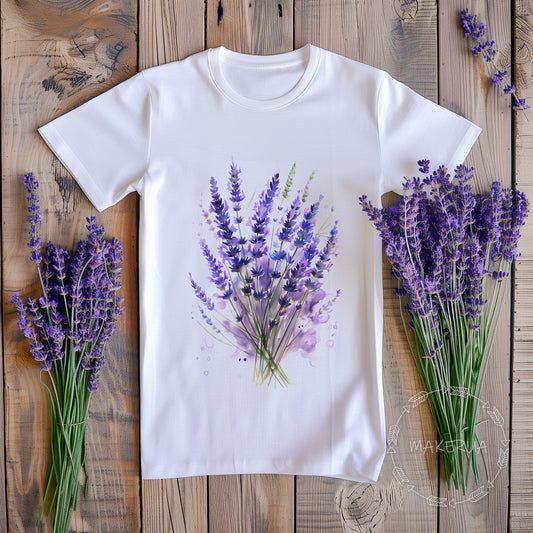 White t-shirt with lavender bouquet flowers field floral nature garden farm wildflowers print