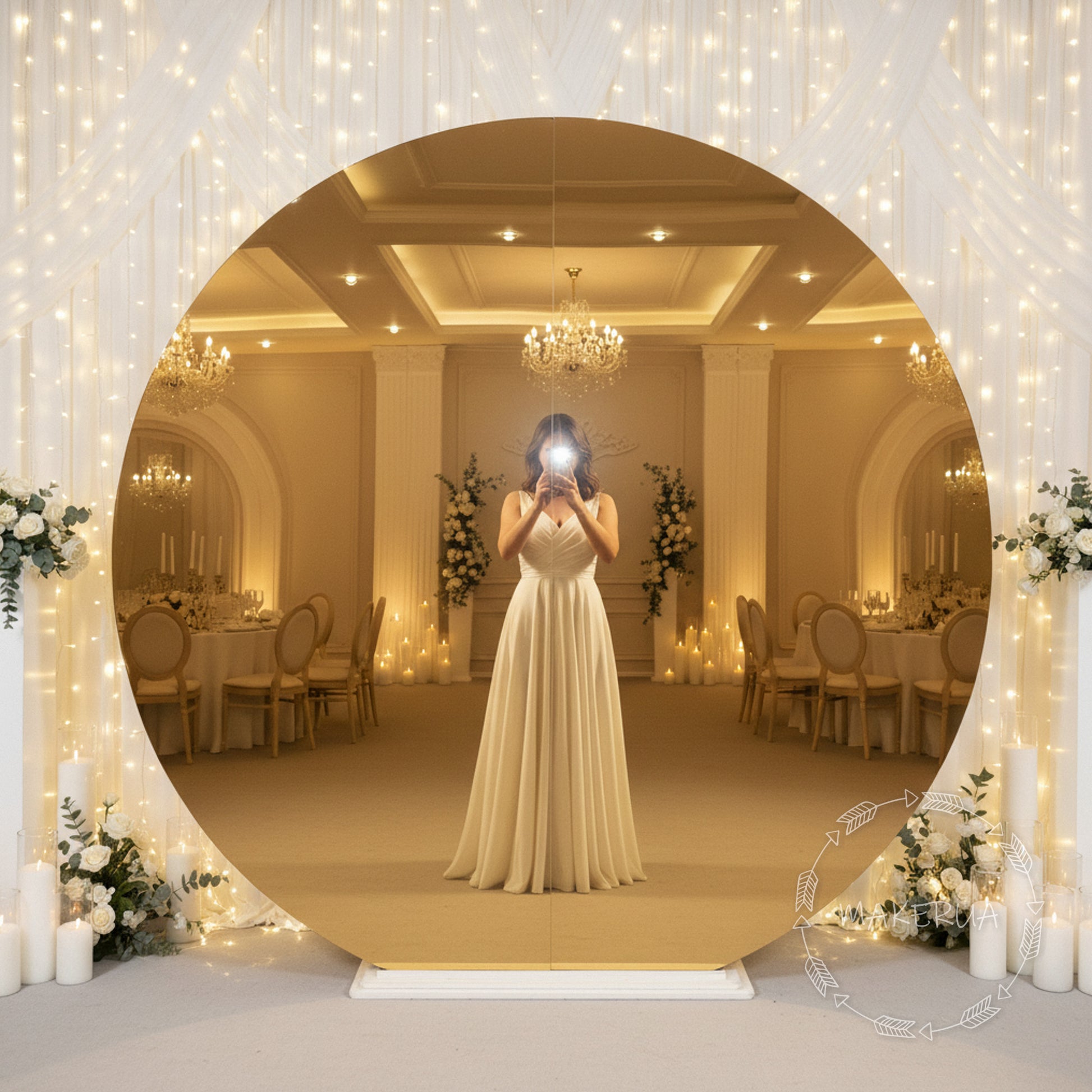 Woman in a white dress taking a photo of a gold mirror round backdrop decorated indoor setting with fairy lights and floral arrangements.