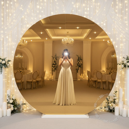 Woman in a white dress taking a photo of a gold mirror round backdrop decorated indoor setting with fairy lights and floral arrangements.