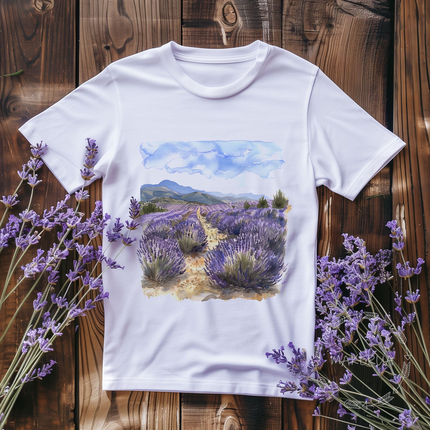 White t-shirt with lavender landscape flowers field floral nature garden farm wildflowers print