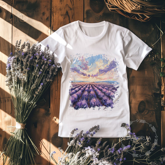 White t-shirt with lavender landscape flowers field floral nature garden farm boho hippie print