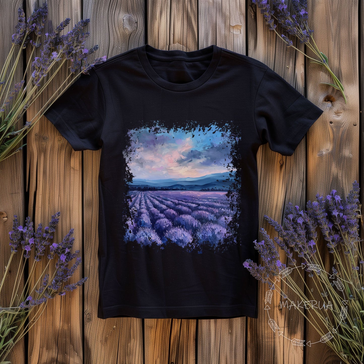 Black t-shirt with lavender landscape flowers field floral nature garden farm wildflowers print