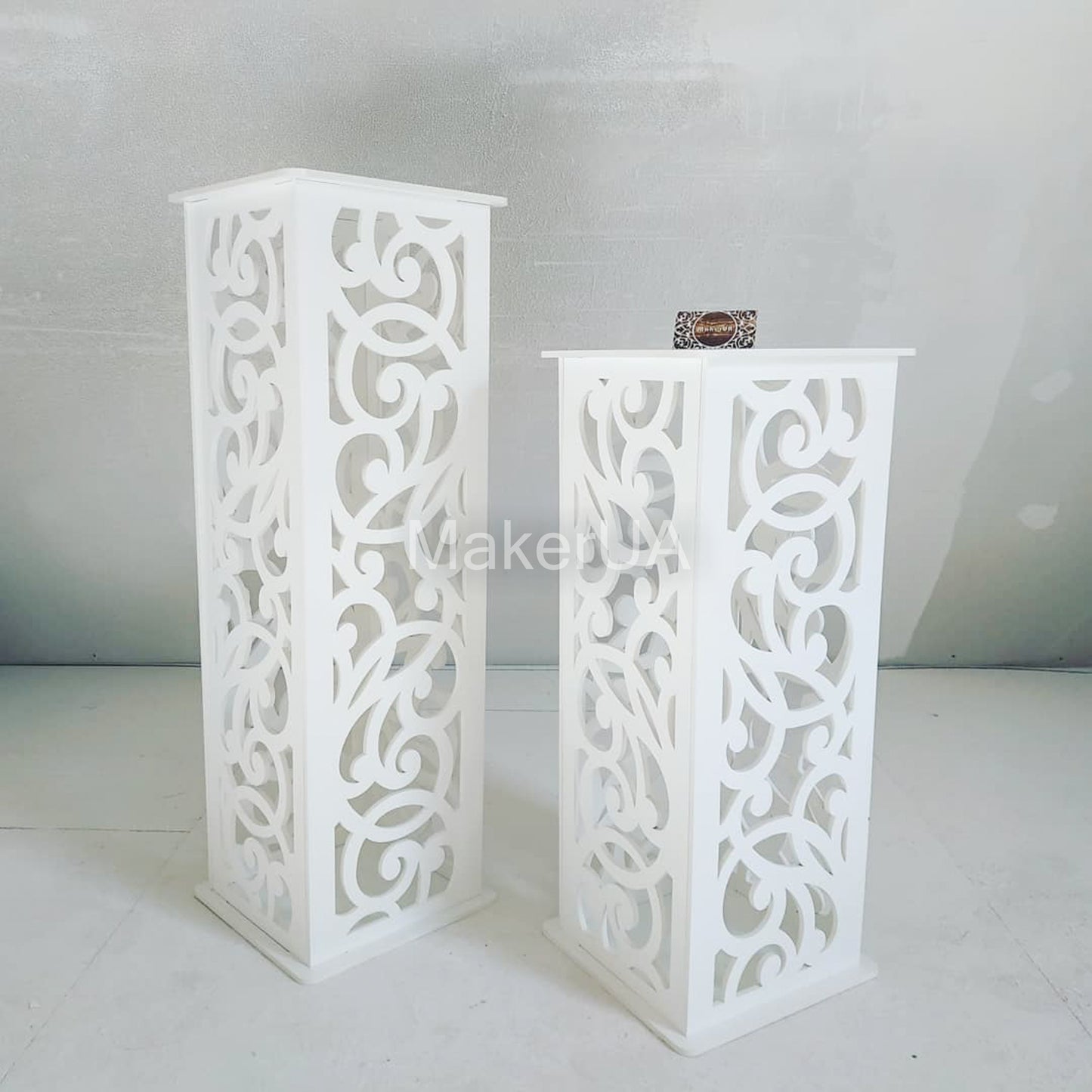 Column pedestal pillar plinth stand table display cylinder cake flower lace wedding birthday baby shower event party prop shop photo booth themed white rustic boho style decor decorations