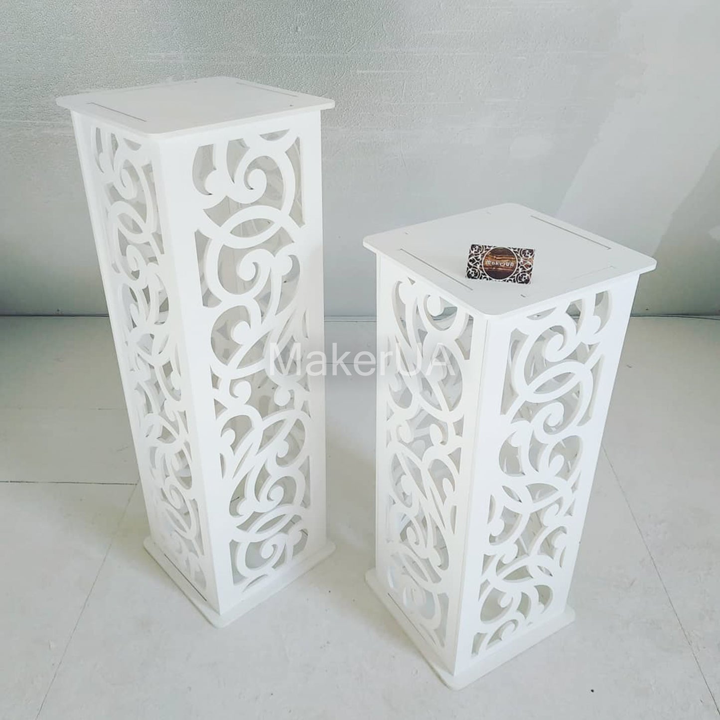 Column pedestal pillar plinth stand table display cylinder cake flower lace wedding birthday baby shower event party prop shop photo booth themed white rustic boho style decor decorations