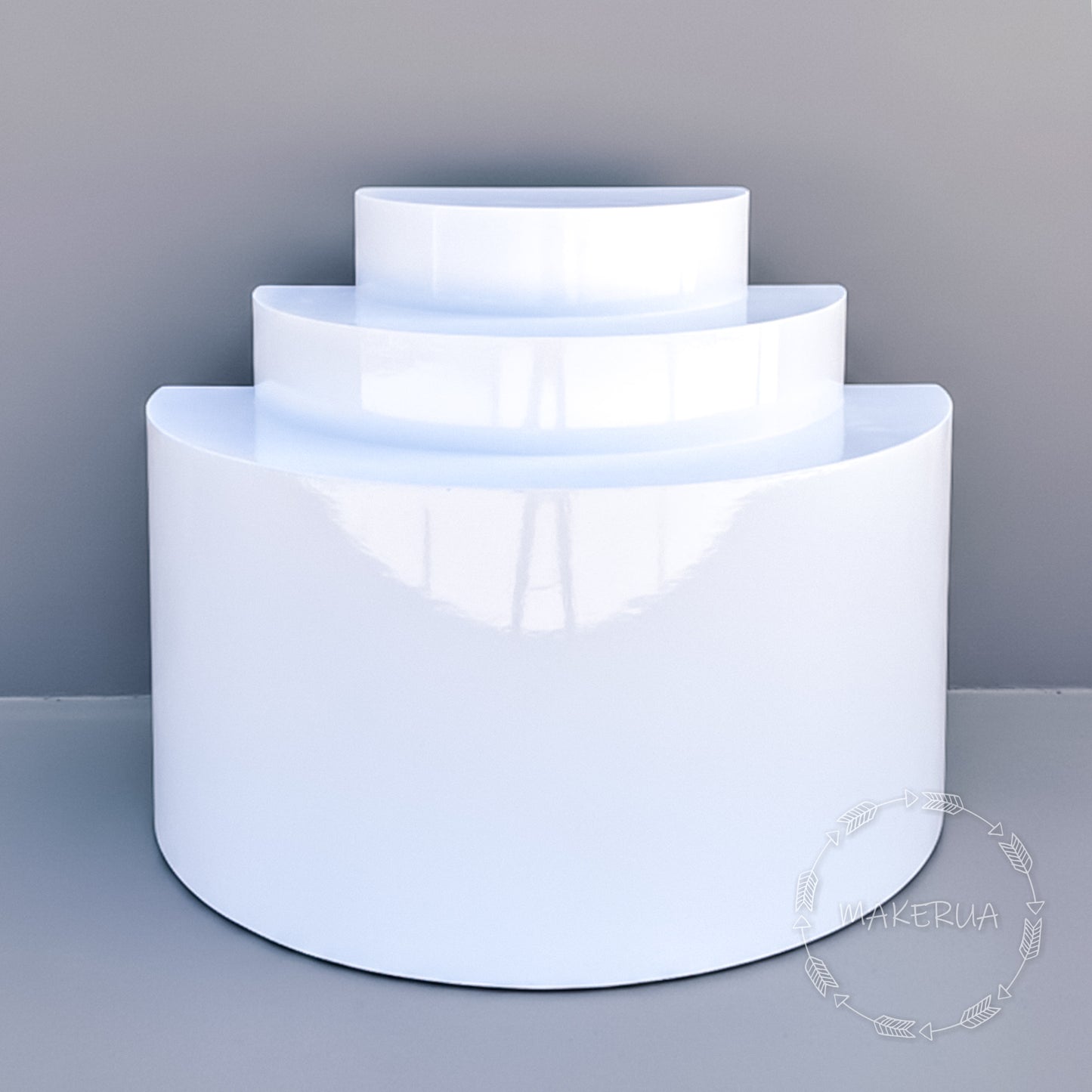White Semicircle Half Moon Side Table 3 tier christmas wedding birthday goods champagne wall cake stand tiered plinths round podium glossy mirror mirrored semi circle