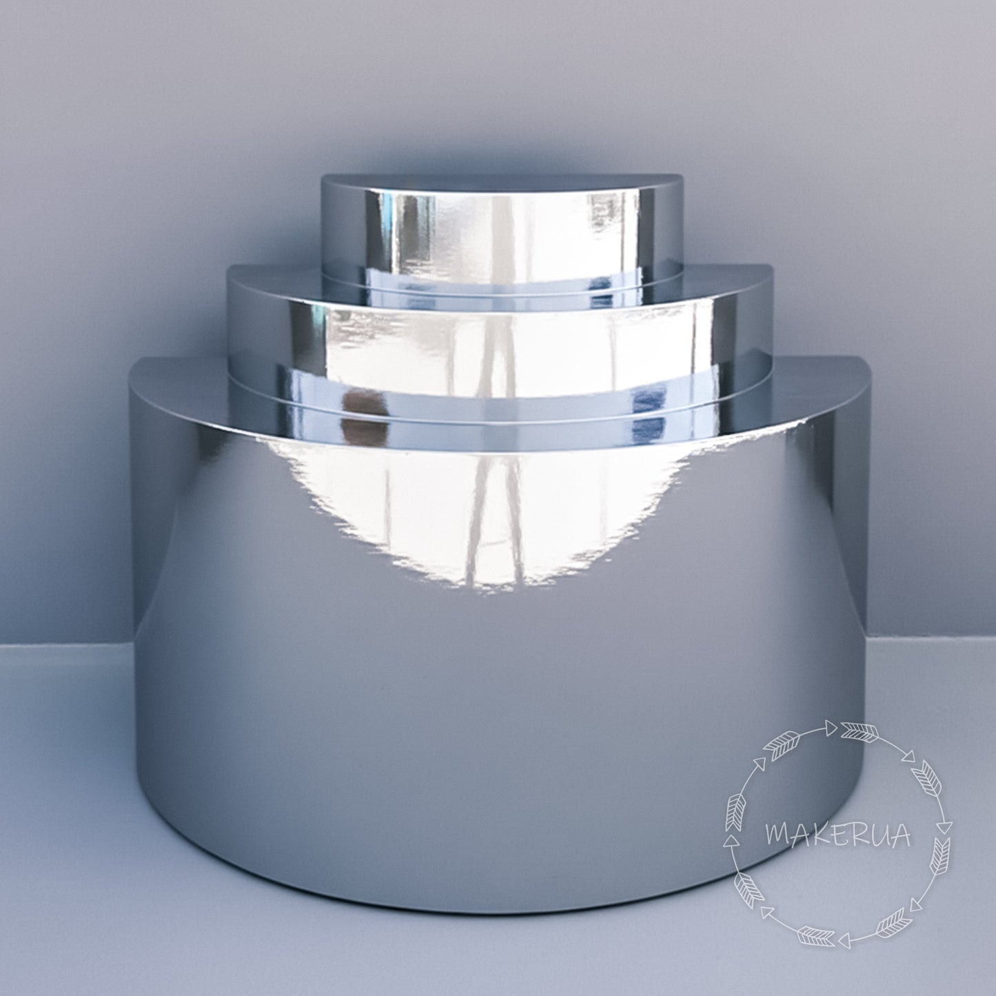 Silver Semicircle Half Moon Side Table 3 tier christmas wedding birthday goods champagne wall cake stand tiered plinths round podium glossy mirror mirrored semi circle