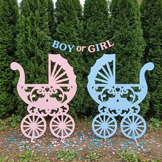 Boy or Girl Party Decoration Carriage Coach Stroller Decor for Baby Shower Gender Reveal Newborn Nursery Pink Blue Balloon Box Princess Room - MakerUA