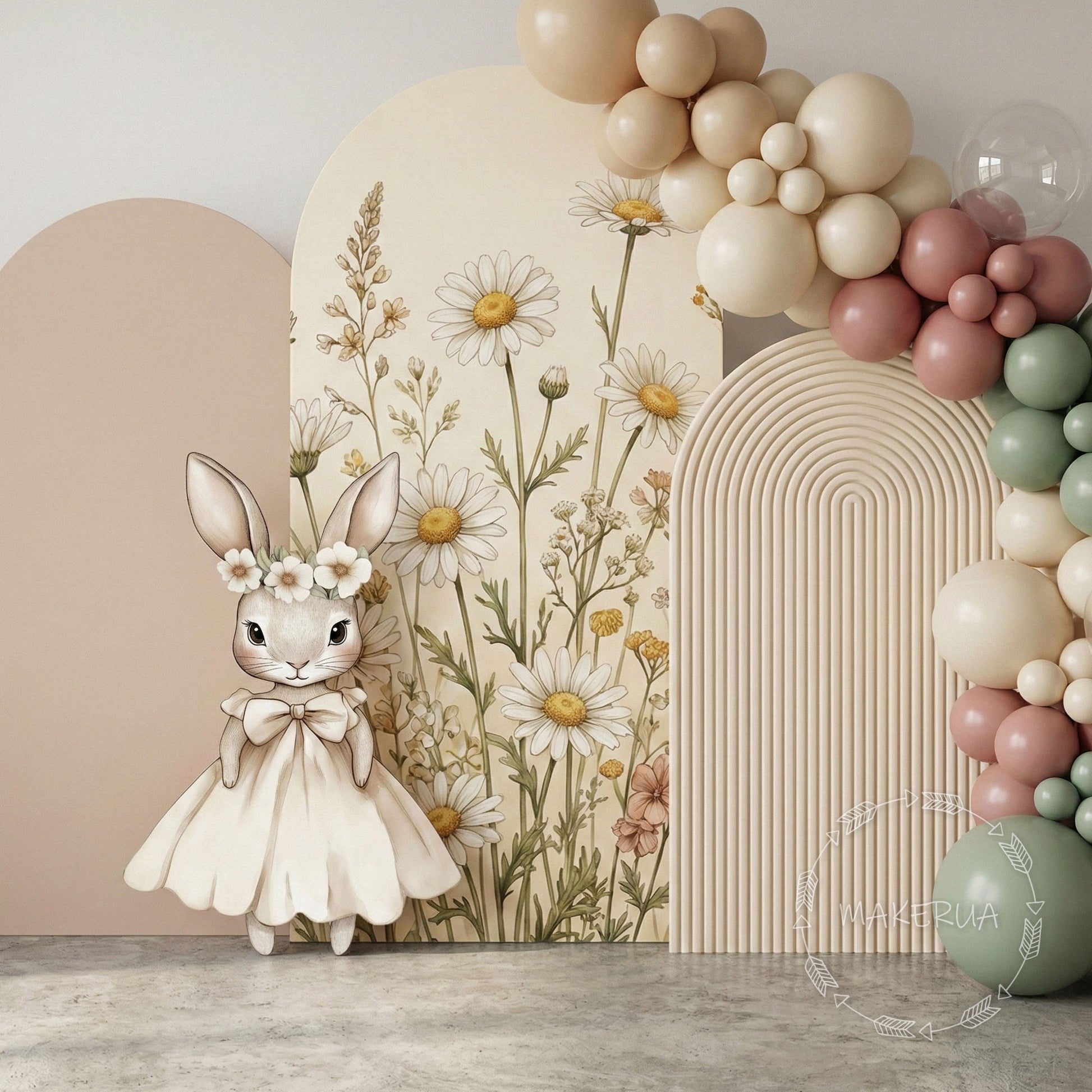 Decorative setup with a cutout bunny in a dress, flowers, and balloons against a neutral wall.