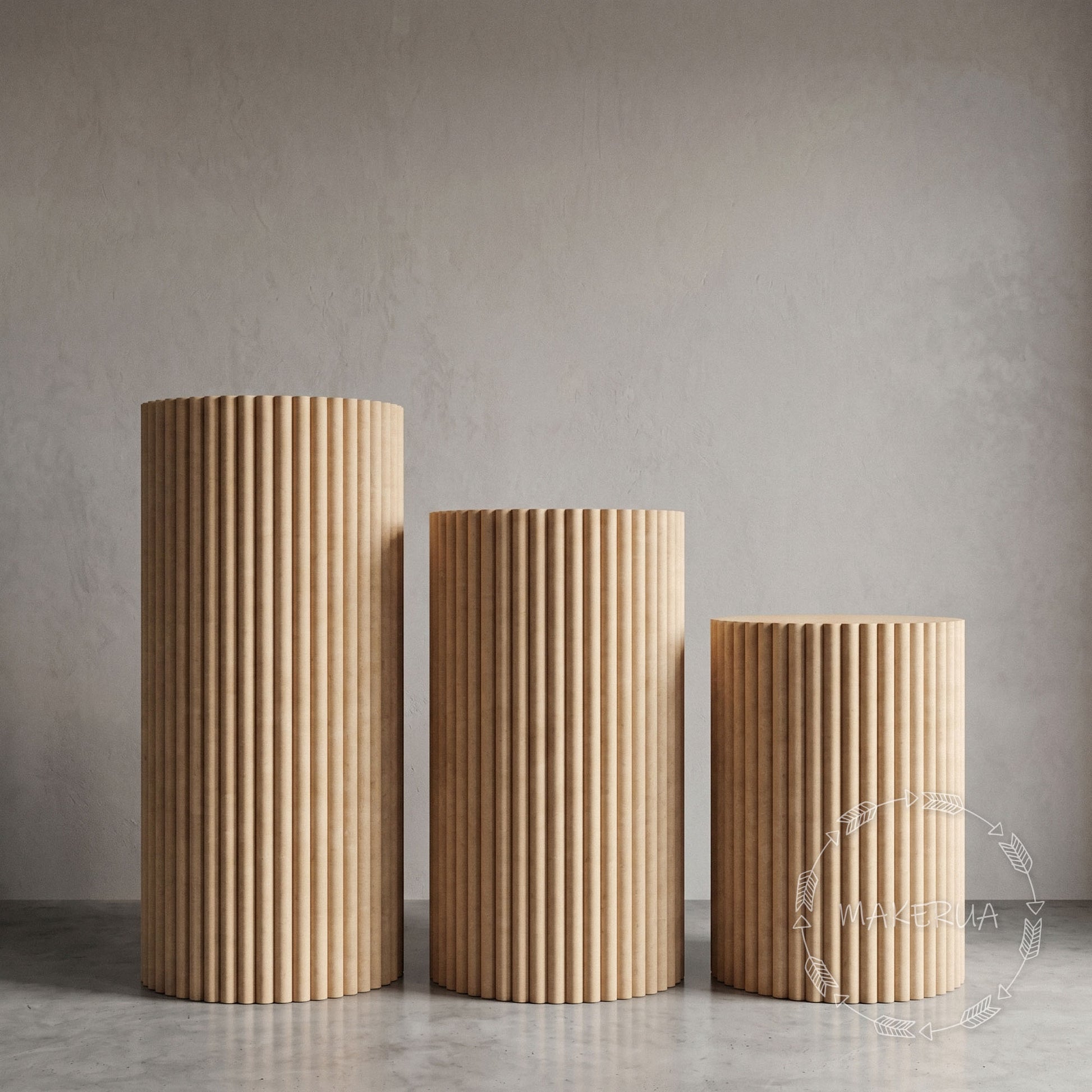 Three round circle ripple plinth wooden textured columns against a gray background for birthday party props shop event photo booth wedding table stand expositor custom made