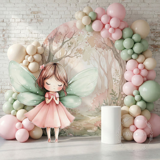 Illustration of a cutout fairy with butterfly wings and a pink dress standing in front of a balloon arch.