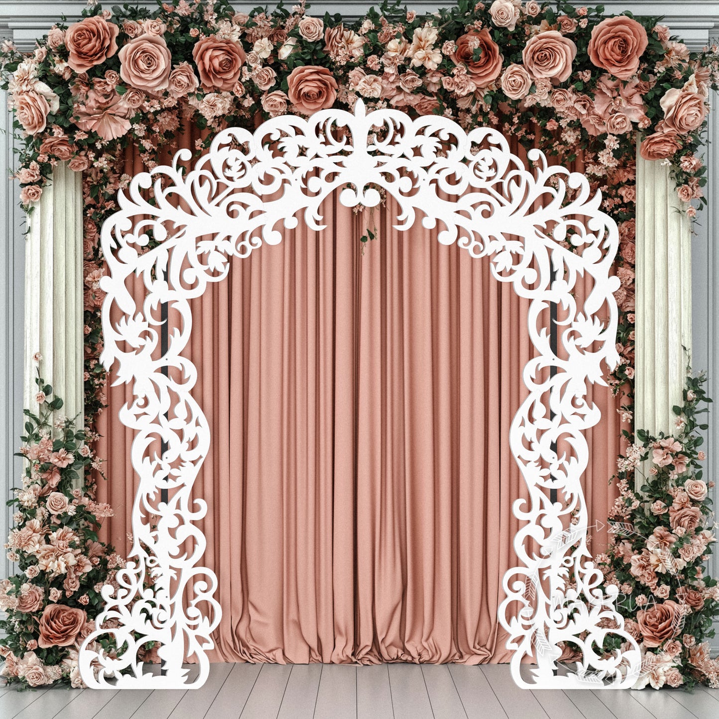 Elaborate white wooden archway featuring an intricate openwork lace filigree design. Displayed with a pink curtain background and floral arrangements. Luxurious royal backdrop for wedding ceremonies and elegant events.