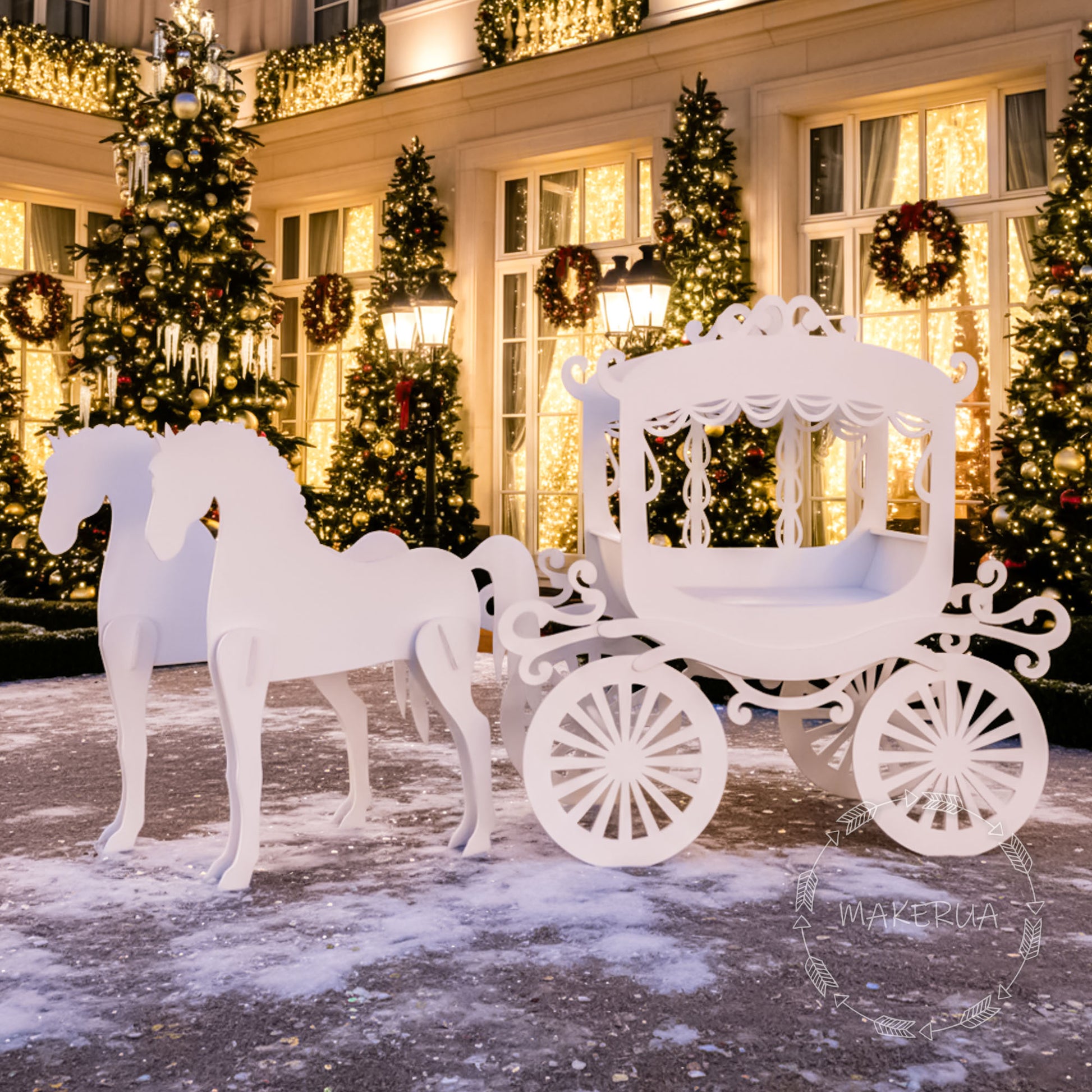 White horses and carriage in front of a decorated building with Christmas trees and lights.