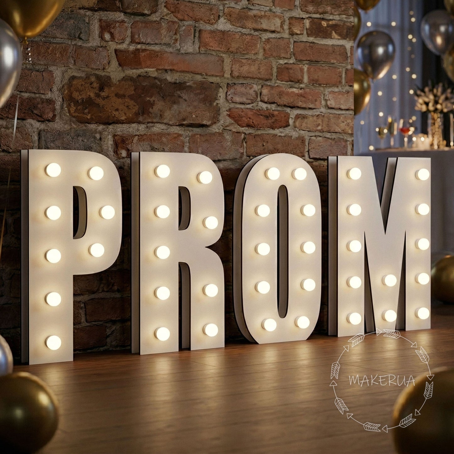 Decorative light-up letters spelling 'PROM' against a brick wall.
