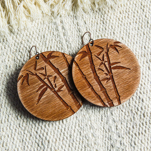 Wooden Earrings bamboo handcrafted summer lightweight shape natural engraved plywood wood boho yoga style burned jewelry