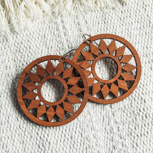 Wooden Earrings handcrafted summer lightweight shape natural engraved plywood wood sun flower style burned jewelry