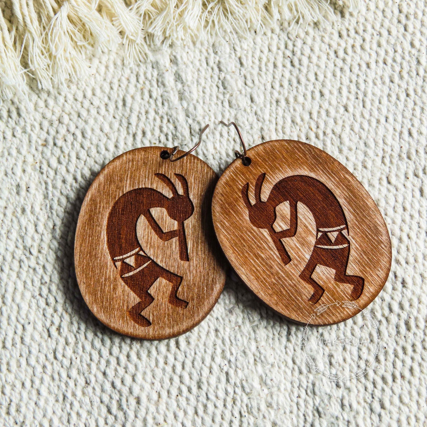 Wooden Earrings handcrafted summer lightweight shape natural engraved plywood wood aboriginal style burned jewelry