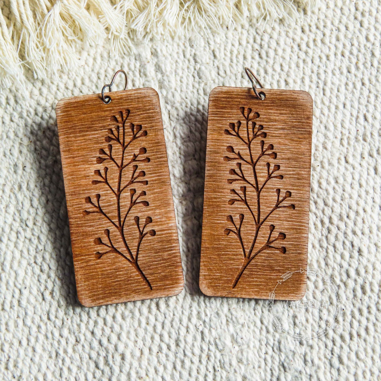 Wooden Earrings nature plant garden handcrafted summer lightweight shape engraved plywood wood boho style burned jewelry