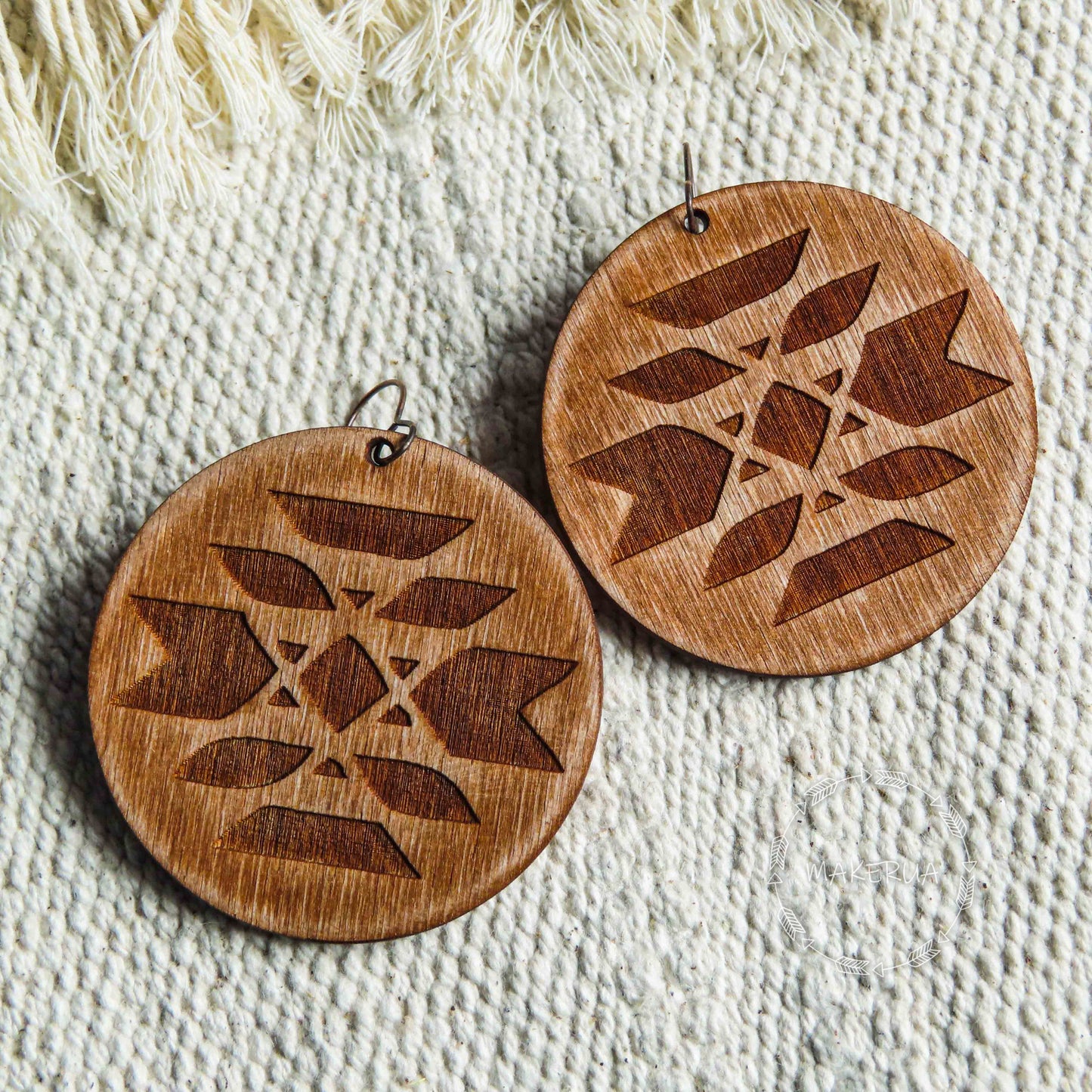 Wooden Earrings round handcrafted summer lightweight shape natural engraved plywood wood boho yoga style burned jewelry