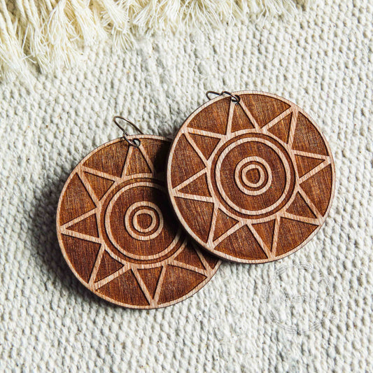 Wooden Earrings handcrafted summer lightweight natural engraved plywood wood sun yoga style burned jewelry