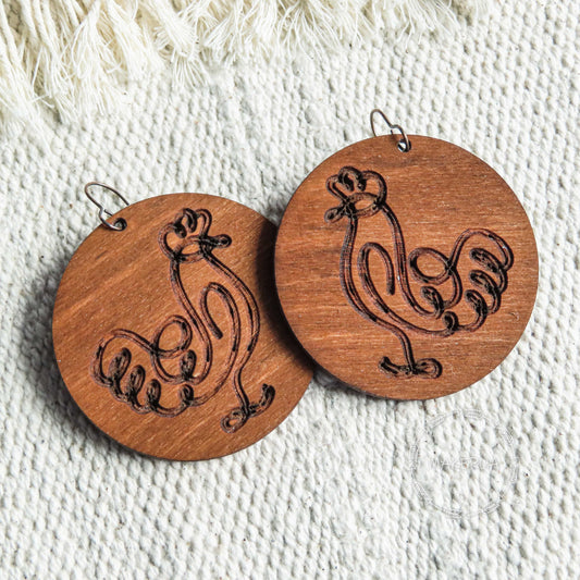 Wooden Earrings handcrafted summer lightweight natural engraved plywood wood hen chicken style burned jewelry