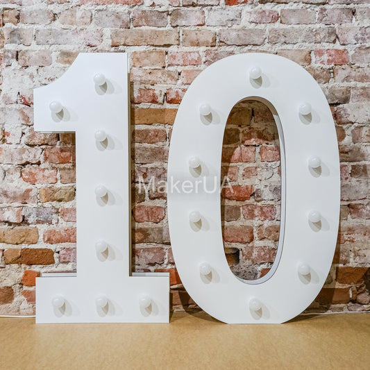 Number 10 Ten birthday 1m (3.3ft) + LED Light Bulbs marquee numbers neon sign backdrop white decoration large giant big party props decor NHW10