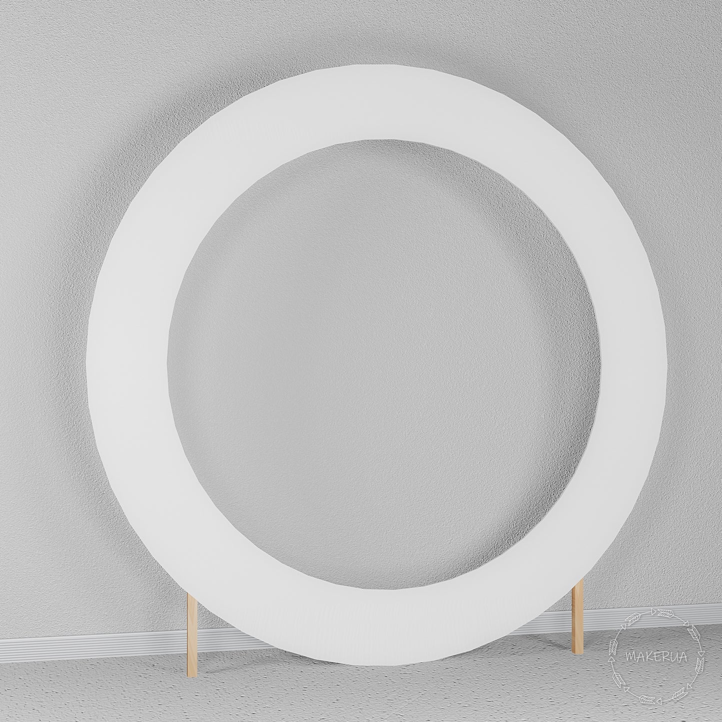 Large classic white circular hoop arch standing on wooden feet. Versatile round backdrop frame perfect for balloon garlands and floral wedding displays.